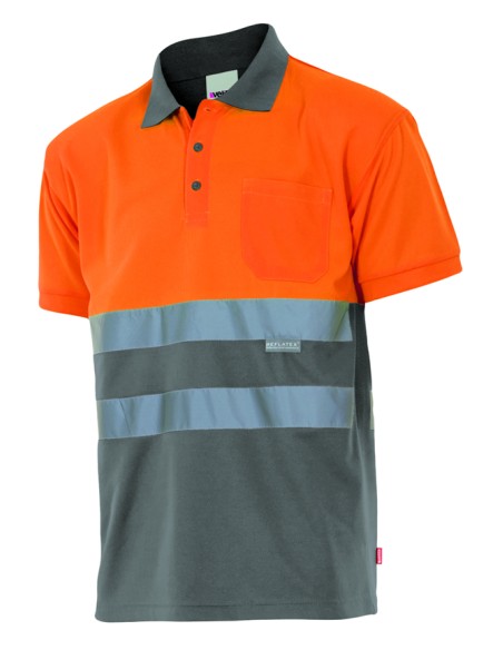 Polo bicolor manga corta de alta visibilidad. Naranja Flúor Gris