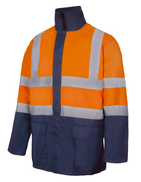 Parka 4 en 1 bicolor de alta visibilidad. Naranja flúor Azul marino