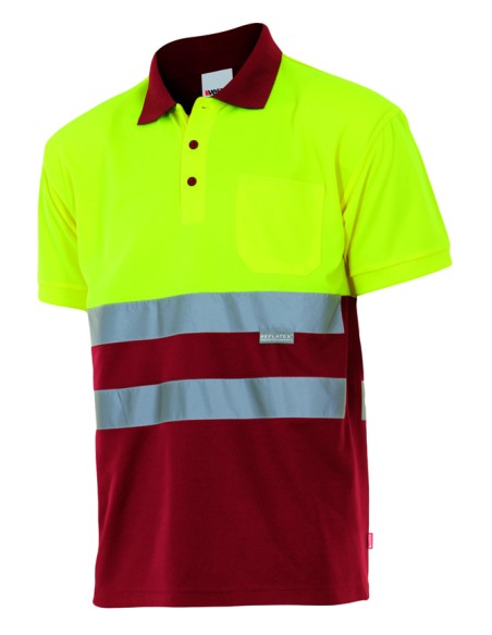 Polo bicolor manga corta de alta visibilidad. Amarillo Flúor Rojo