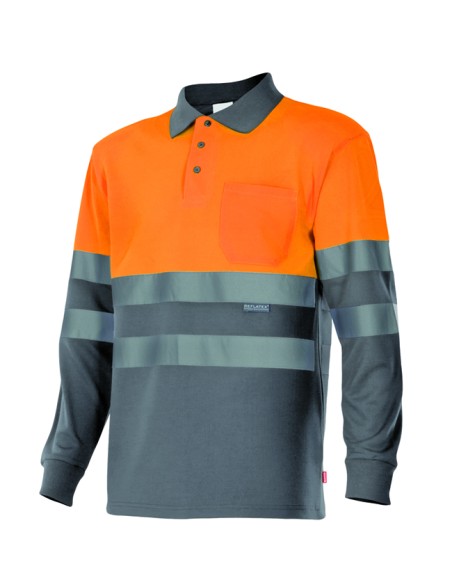 POLO BICOLOR MANGA LARGA DE A. V.  NARANJA FLÚOR  GRIS TALLA XS-5XL